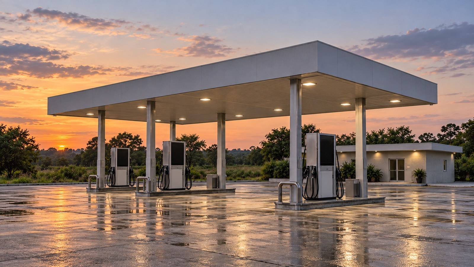 Pista de posto de combustíveis ao entardecer. Ilustração gerada por IA; não retrata as instalações da A.C. Combustíveis (Auto Posto Brasília de Manduri) nem um episódio real.