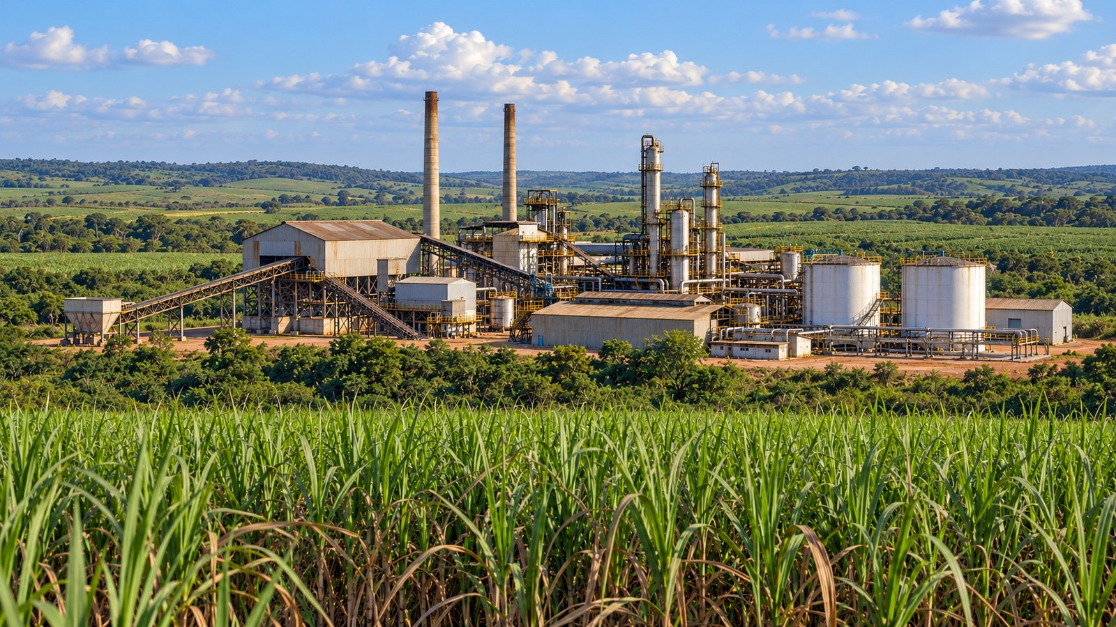Canavial e usina de açúcar e etanol. Ilustração gerada por IA; não retrata instalações da Agro Industrial Campo Lindo (Usina Campo Lindo) nem um episódio real.