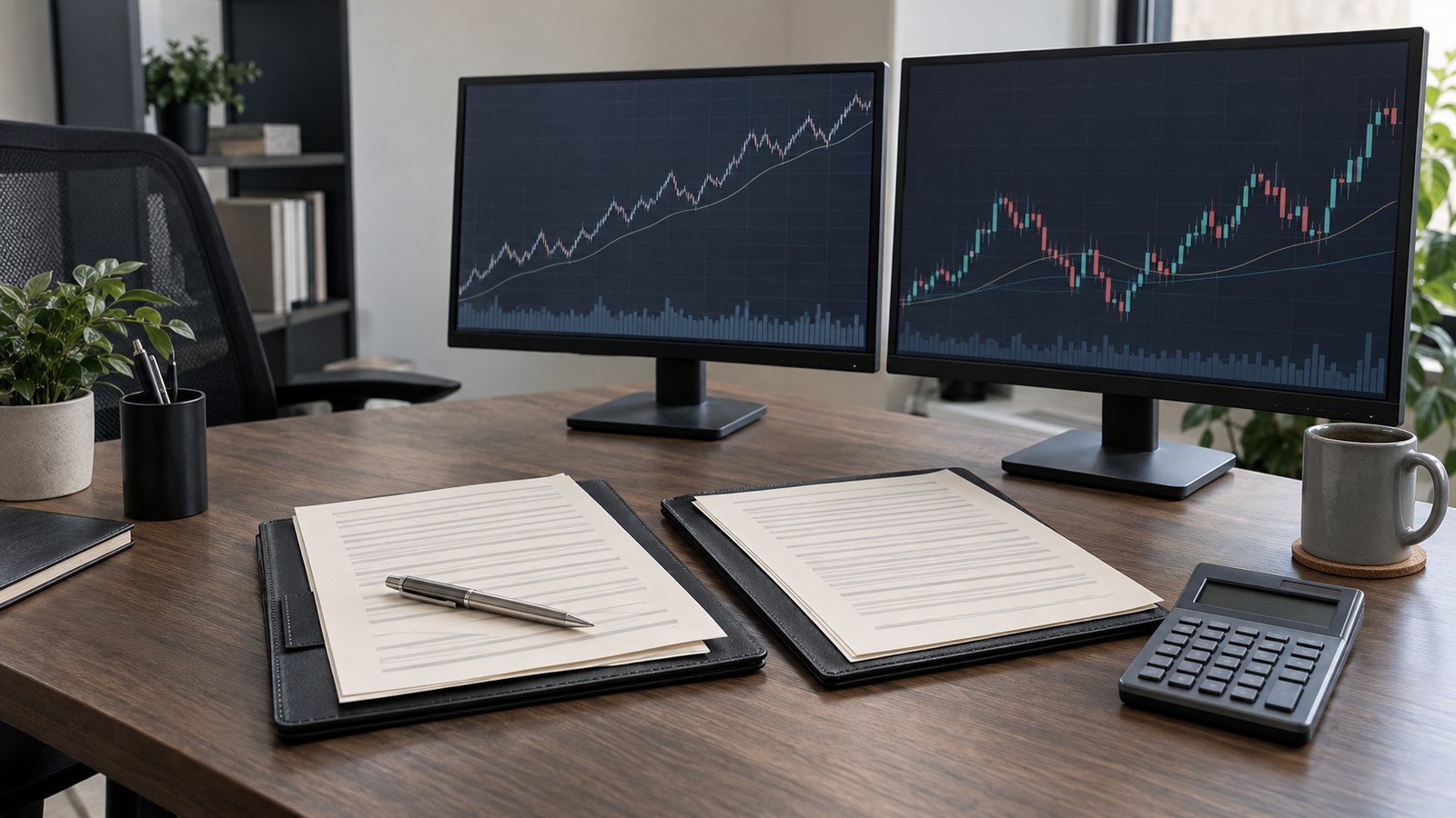 Mesa com documentos e monitores de gráficos financeiros. Ilustração gerada por IA; não retrata instalações da Ajx Capital Investimentos nem um episódio real.