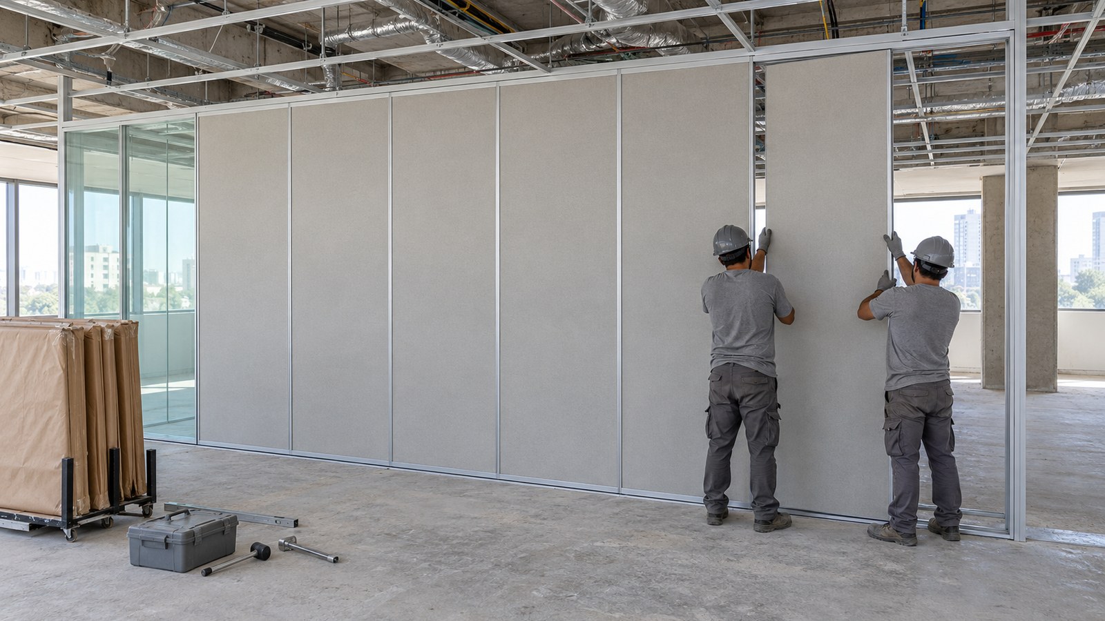 Montadores instalam divisórias moduladas em andar corporativo em obra. Ilustração gerada por IA; não retrata funcionários, obras ou produtos da Dimoplac nem um episódio real.