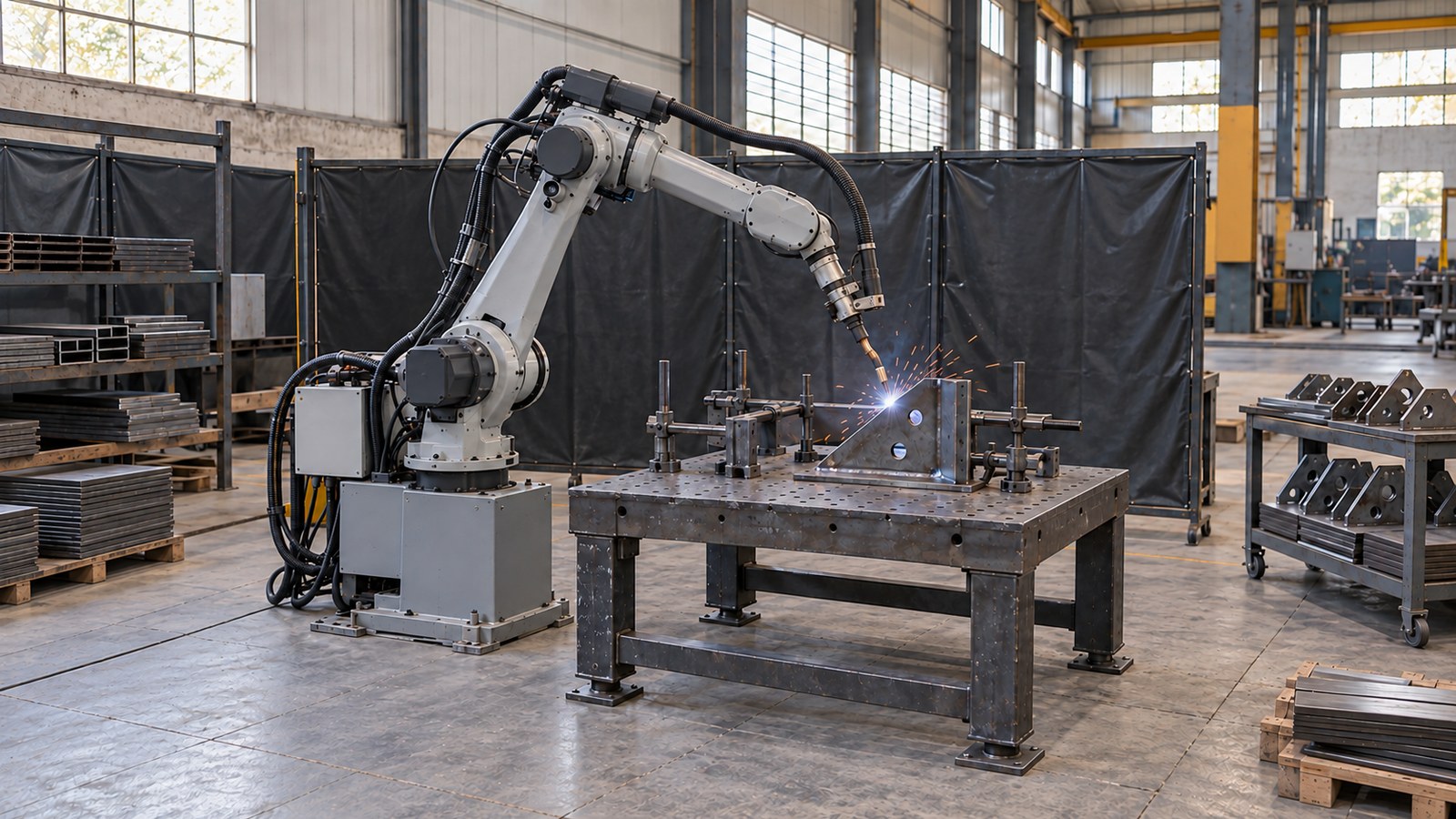 Soldagem robotizada de peça de aço em pavilhão metalmecânico. Ilustração gerada por IA; não retrata as instalações da Ezata Industrial nem um episódio real.