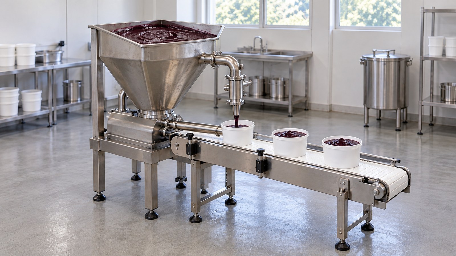 Envase industrial de açaí em potes sem rótulo. Ilustração gerada por IA; não retrata instalações do Grupo Donorte nem um episódio real.