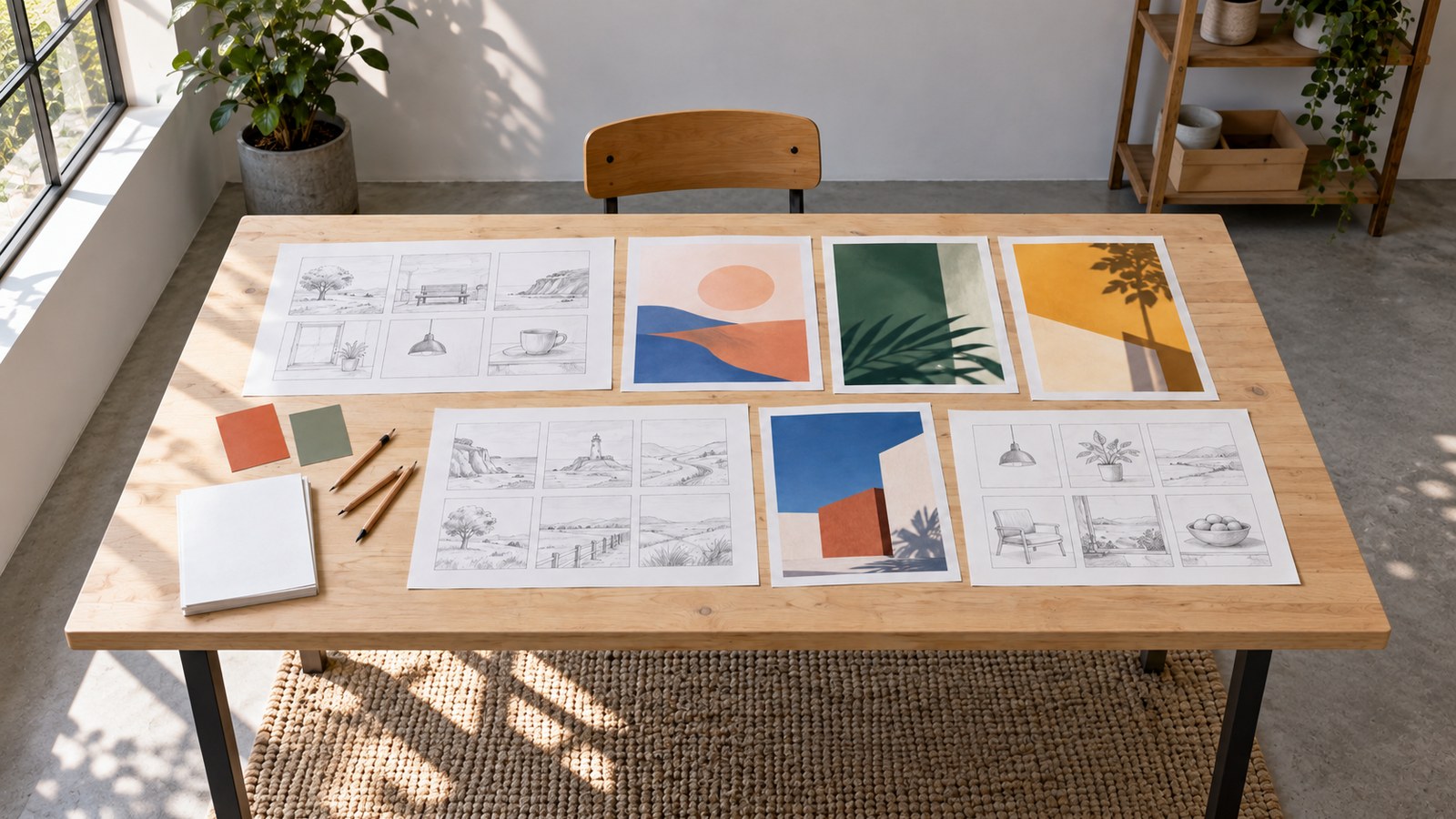 Mesa de criação com layouts e storyboards de campanha. Ilustração gerada por IA; não retrata as instalações do Grupo Execution nem um episódio real.