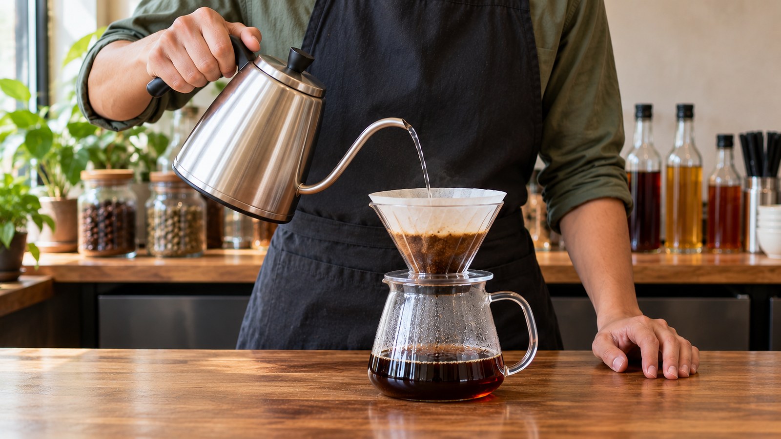 Preparo de café coado com utensílios e xaropes ao fundo. Ilustração gerada por IA; não retrata instalações do Grupo Flavors nem um episódio real.