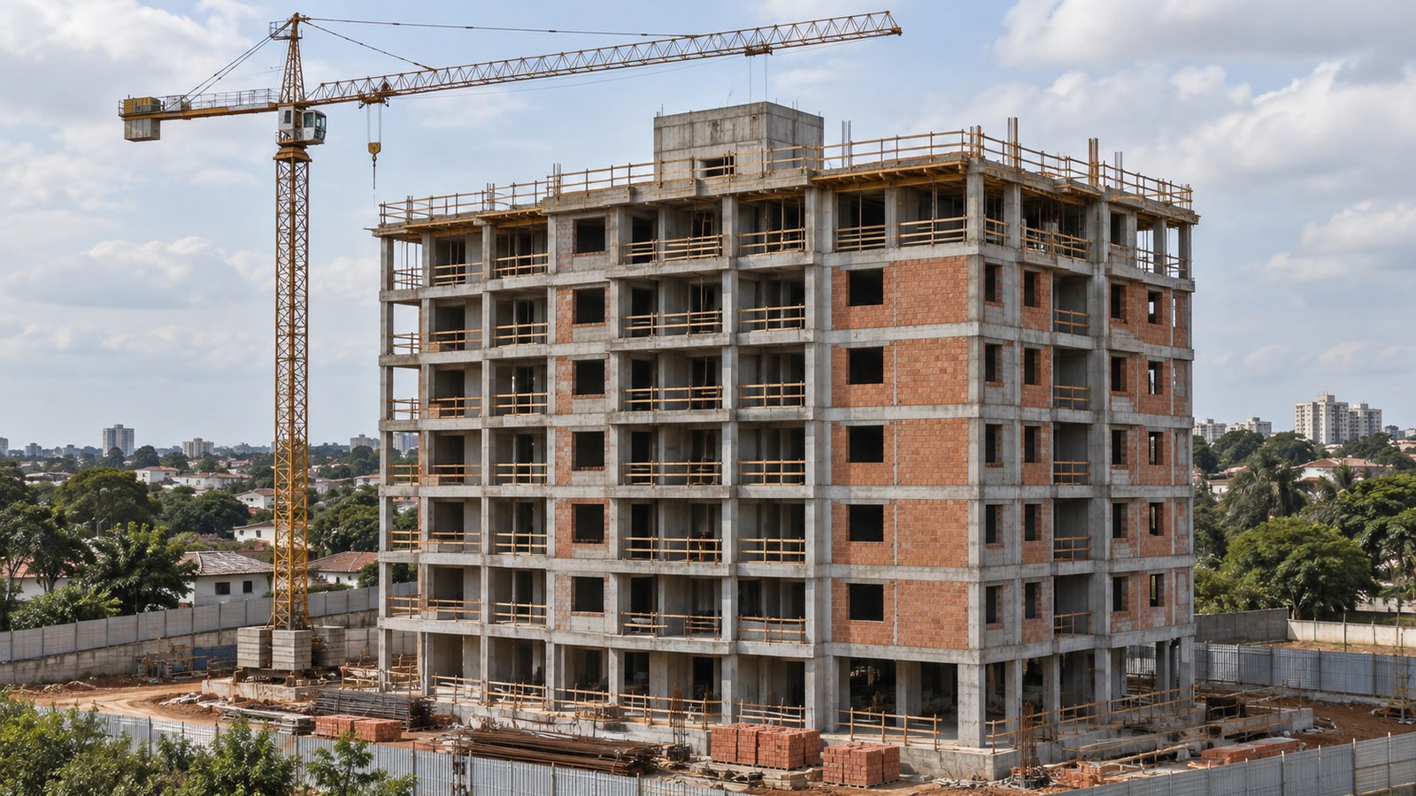 Edifício residencial em construção com grua. Ilustração gerada por IA; não retrata obras do Grupo Nex (Capa Engenharia, EGL Engenharia, LA Lomando Aita e DHZ Construções) nem um episódio real.
