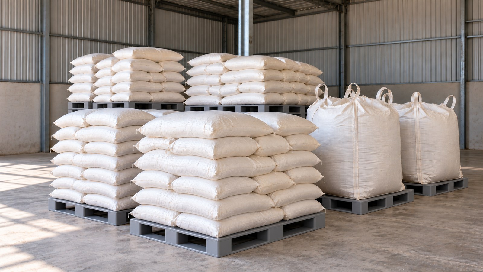 Sacarias e big bags de insumos agrícolas em armazém. Ilustração gerada por IA; não retrata instalações do Grupo Produfértil nem um episódio real.
