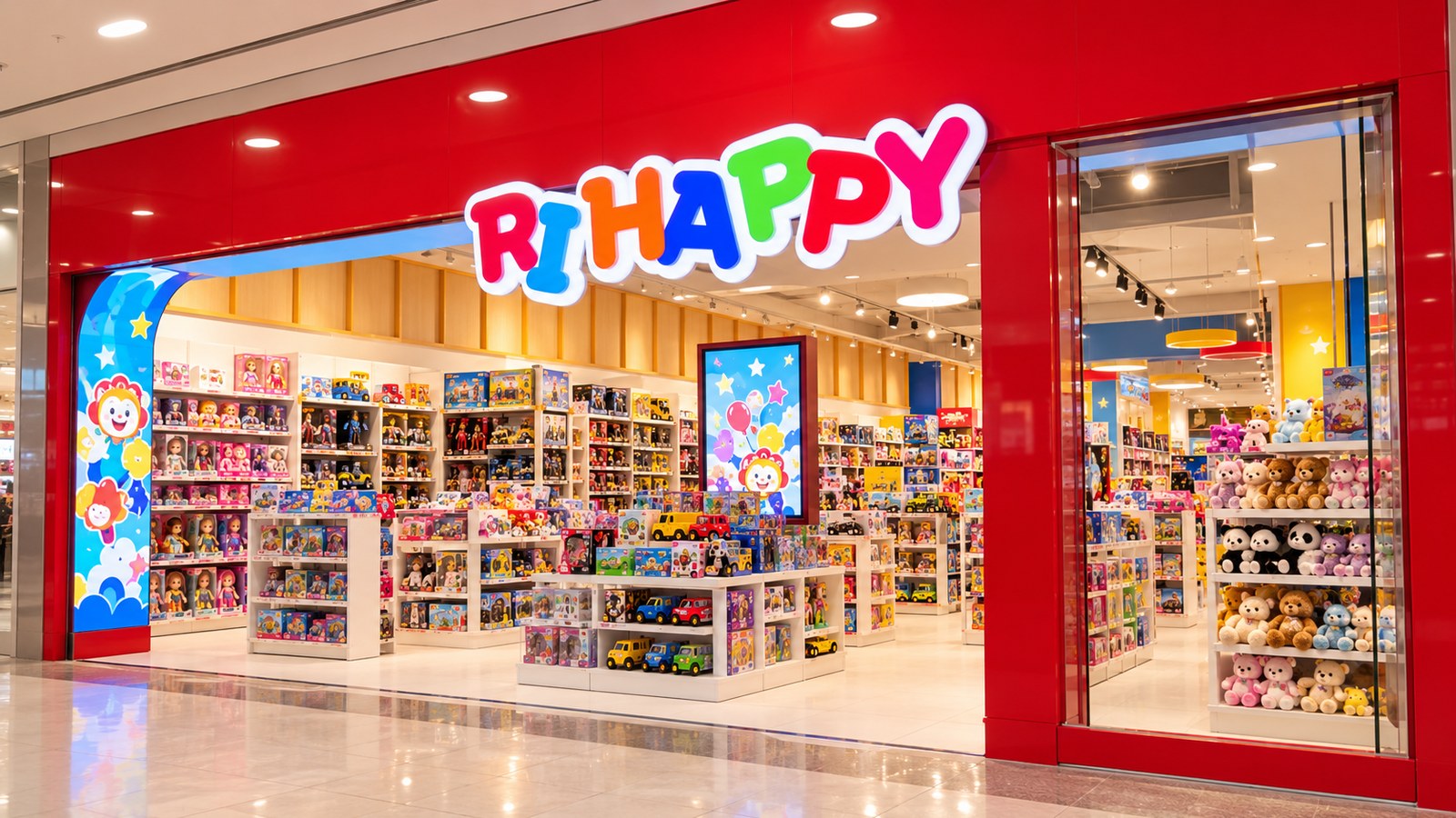 Fachada de loja de brinquedos em shopping. Ilustração gerada por IA; não é fotografia de uma unidade real da Ri Happy.