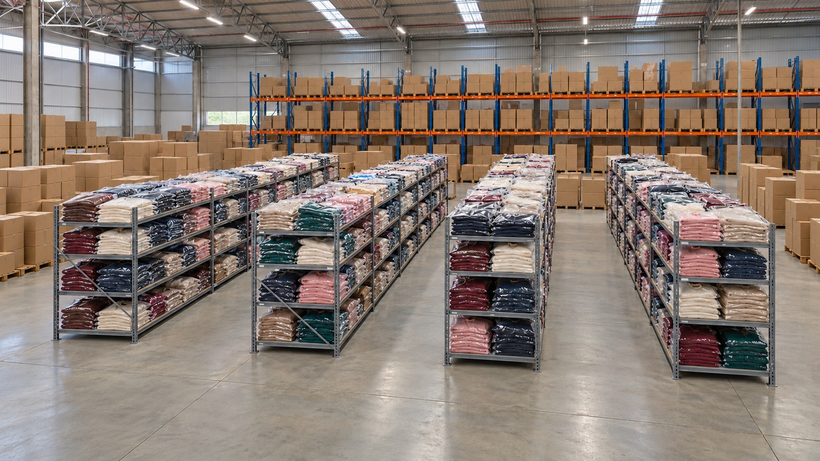 Centro de distribuição de moda, com roupas embaladas em prateleiras de separação. Ilustração gerada por IA; não retrata instalações do Grupo Volo nem um episódio real.