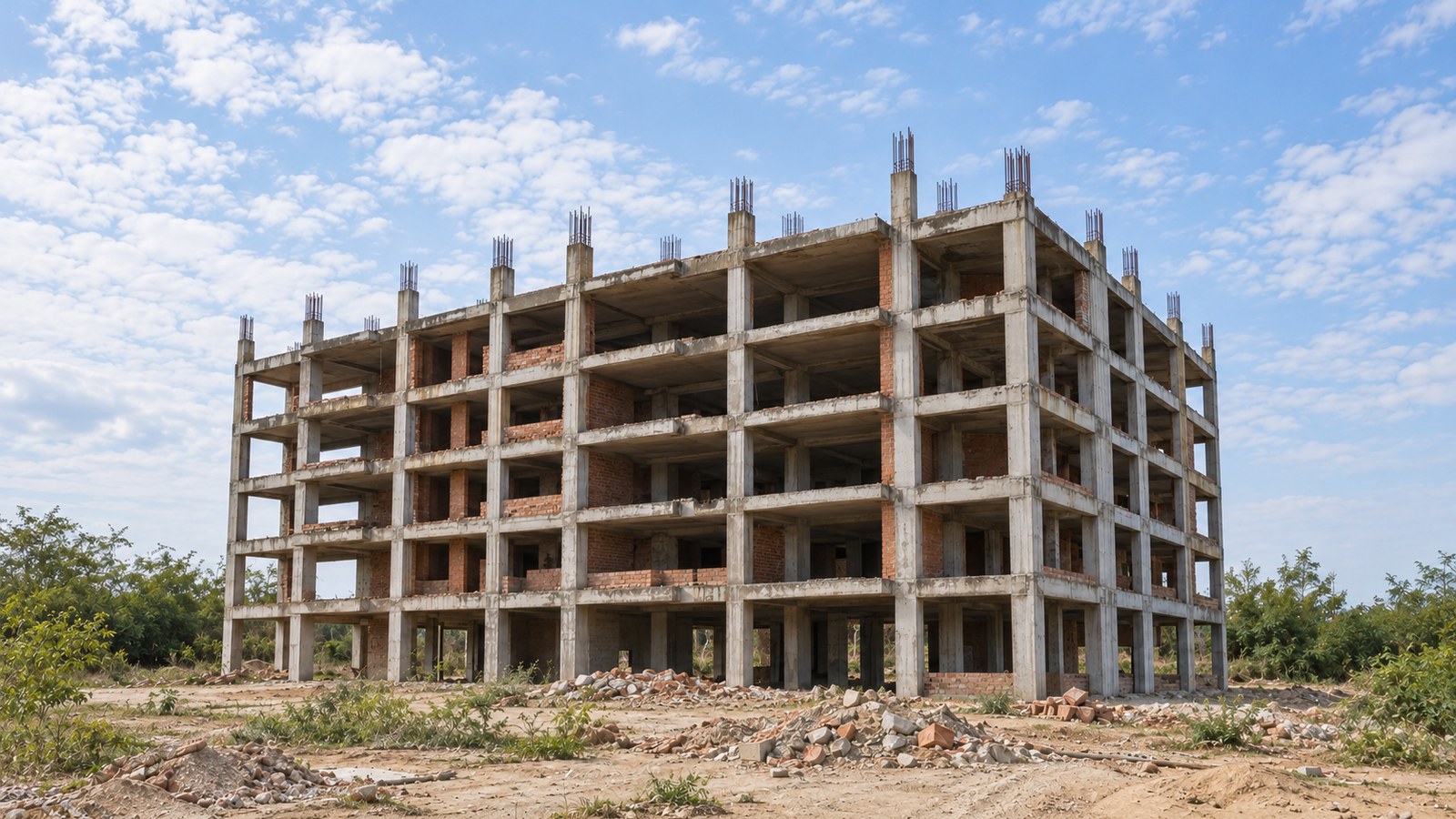 Edifício residencial inacabado em obra paralisada. Ilustração gerada por IA; não retrata o empreendimento da J C Empreendimentos Imobiliários nem um episódio real.