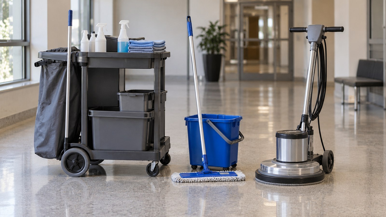 Equipamentos de limpeza em corredor institucional. Ilustração gerada por IA; não retrata instalações ou equipamentos da Prime Clean Service nem um episódio real.