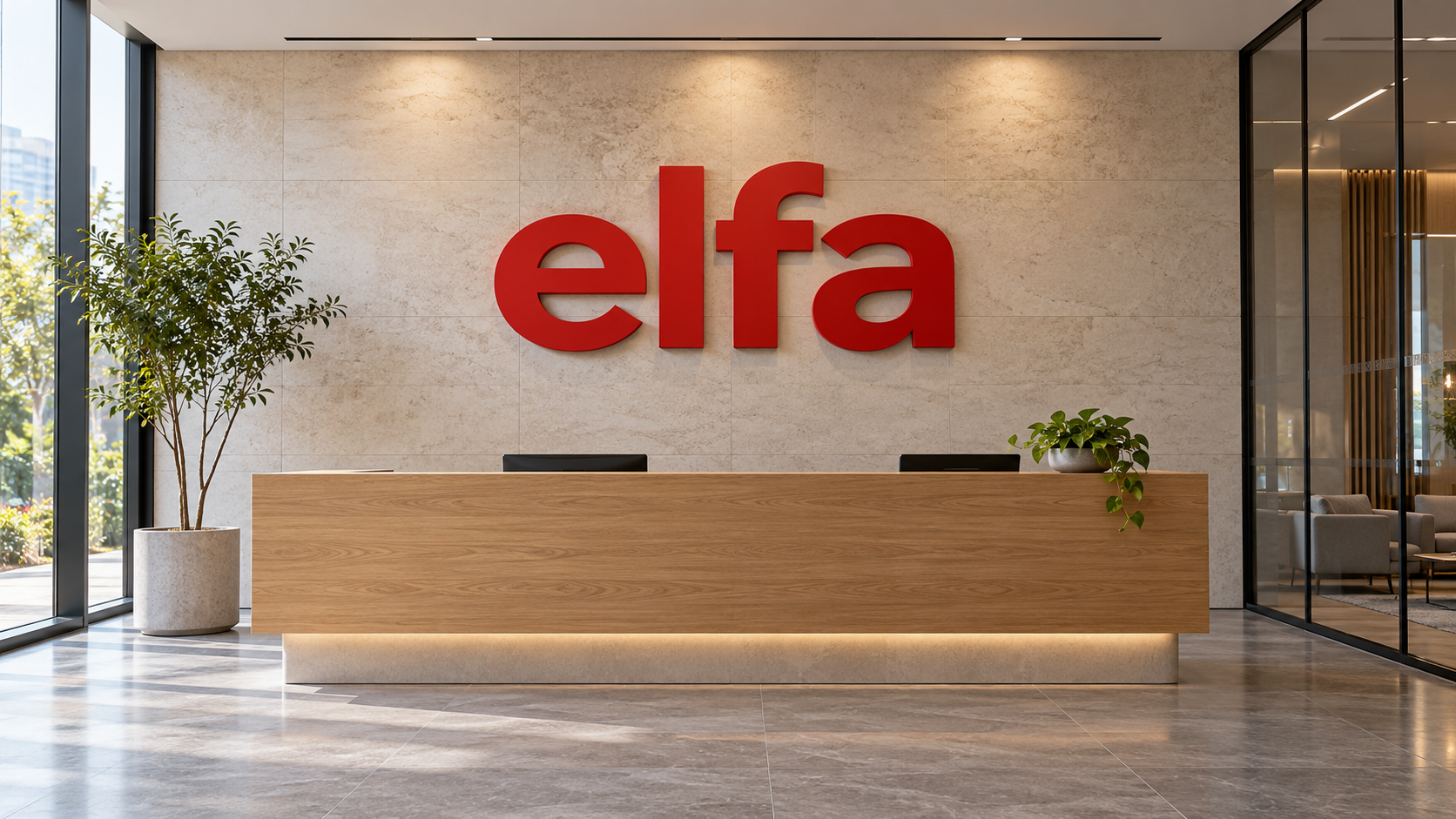 Recepção corporativa ilustrativa com a marca Elfa. Ilustração gerada por IA; cenário fictício, não é fotografia das instalações do grupo.