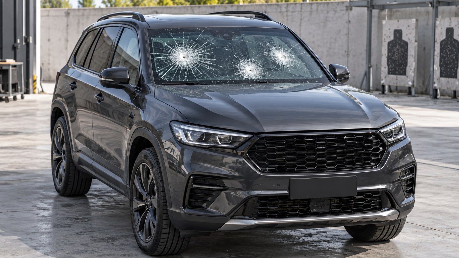 SUV blindado com marcas de impacto no para-brisa. Ilustração gerada por IA; não retrata veículo da VRZ nem um episódio real.